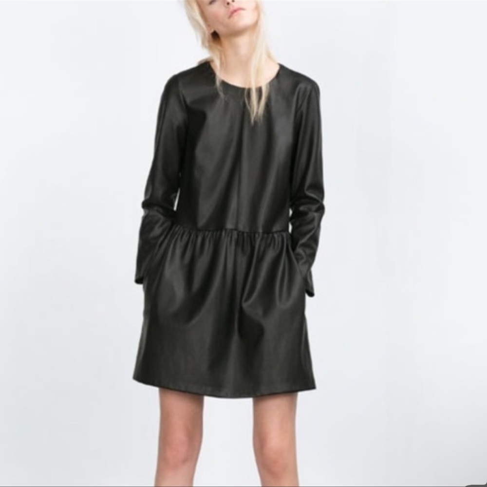 Zara Dresses | Faux Leather Crew Neck Long Sleeve Dress | Color: Black | Size: M